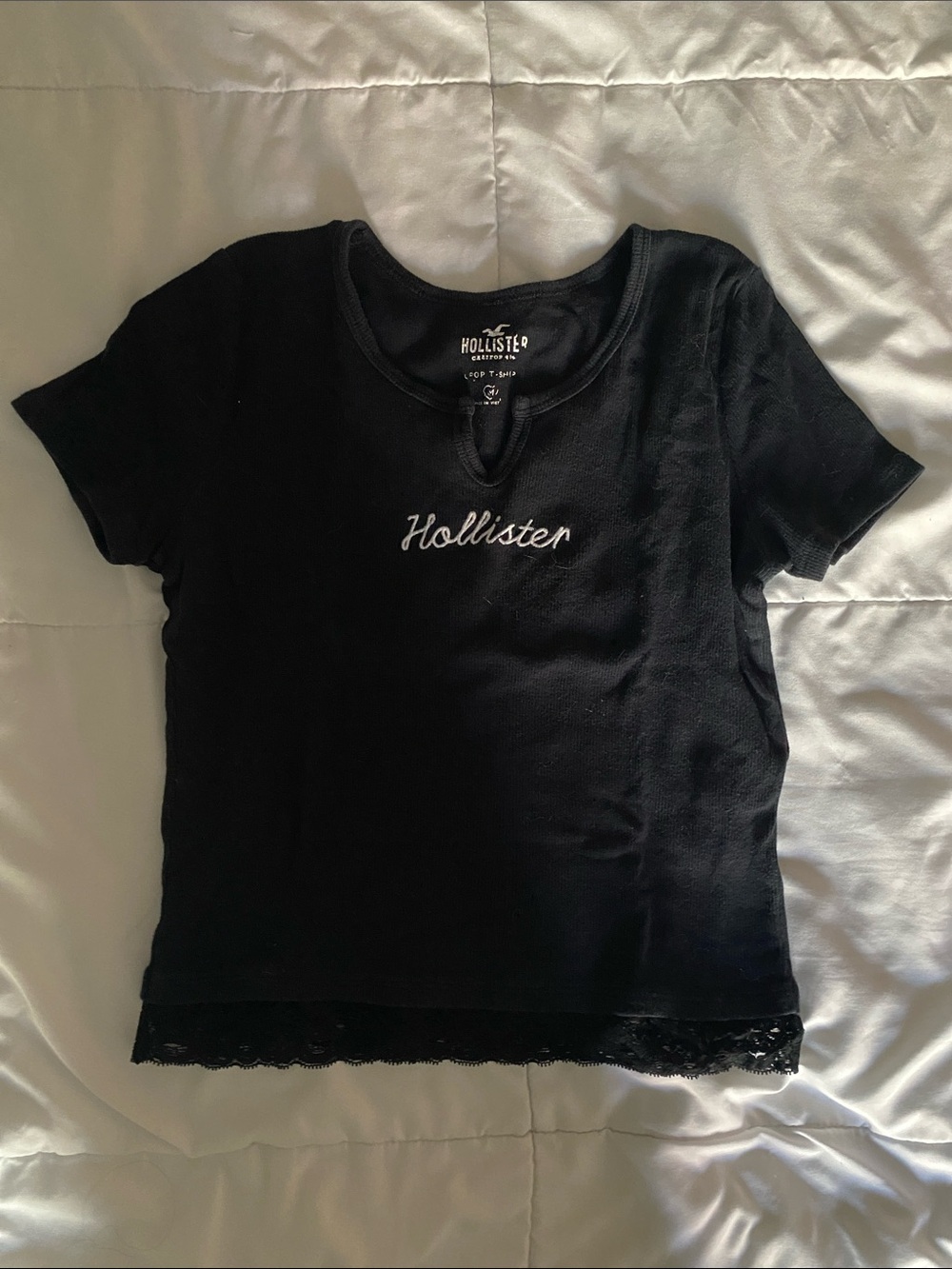 Hollister Black Short Sleeve Keyhole Tee with Lace Hem